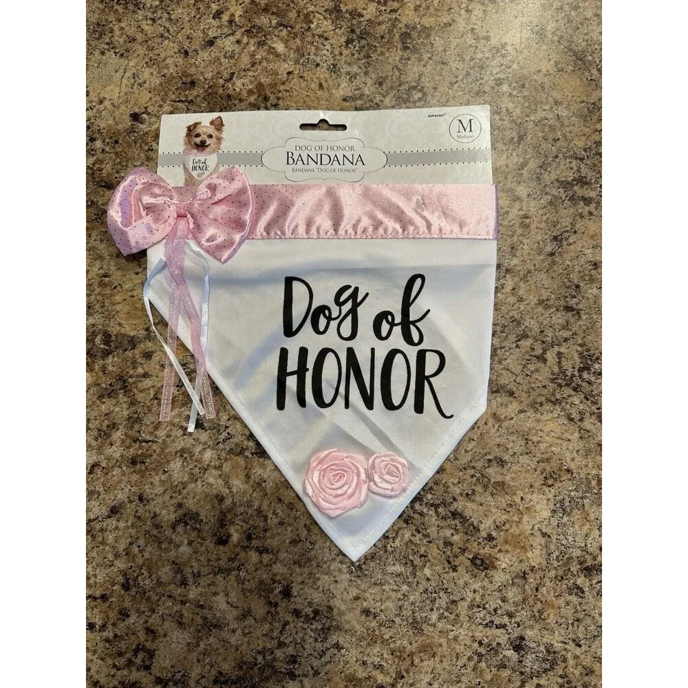 Dog of Honor Bandana Wedding Pink White Bow Roses One Piece Sz Medium- 20-50lbs